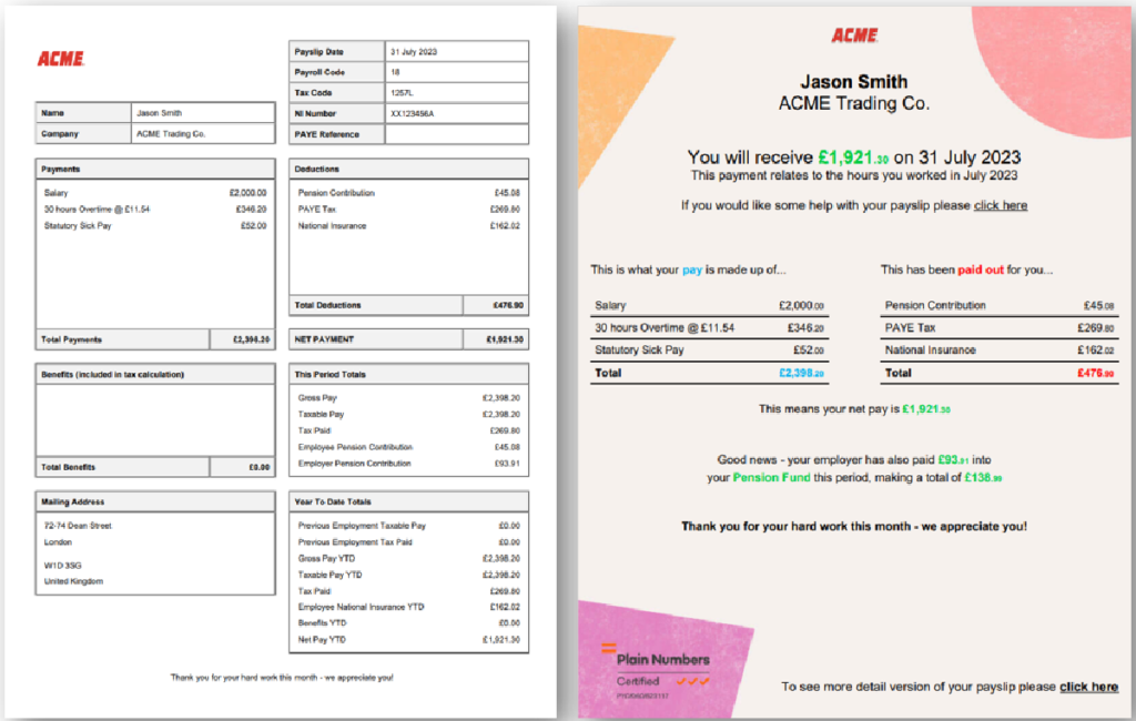 Plain Numbers version of a payslip - image credit: Pay Captain